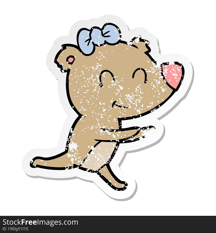 Distressed Sticker Of A Running Female Bear Cartoon