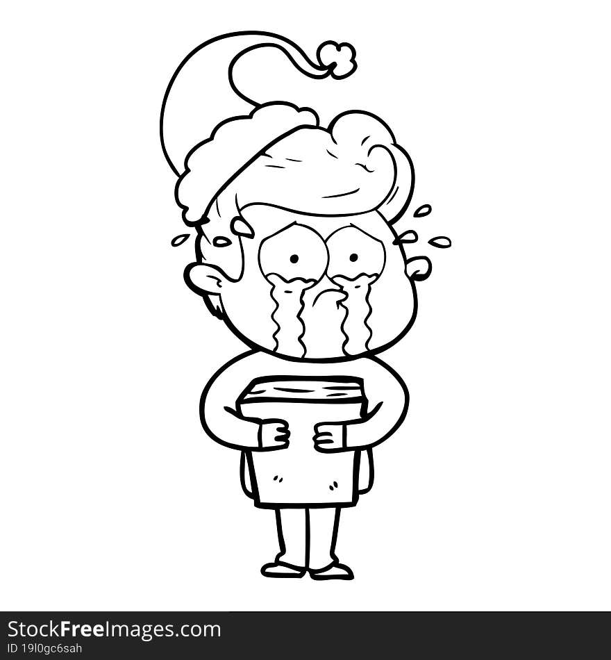 line drawing of a crying man holding book wearing santa hat