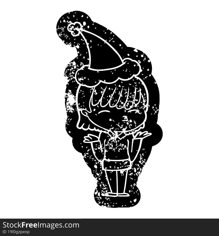 quirky cartoon distressed icon of a woman wearing santa hat