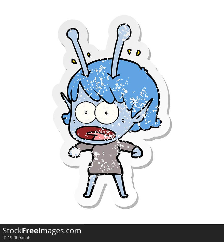 distressed sticker of a cartoon shocked alien girl