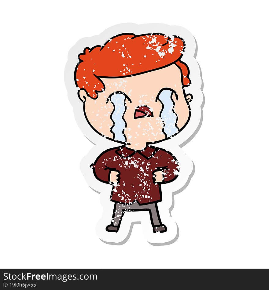 distressed sticker of a cartoon man crying