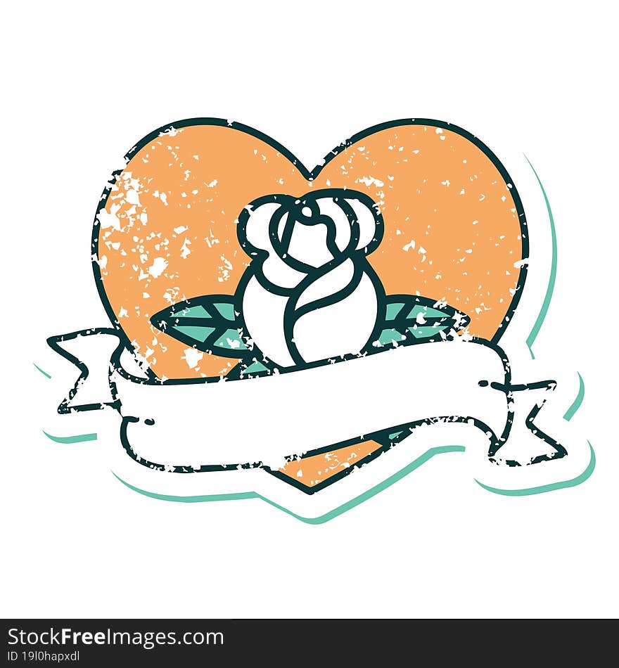 distressed sticker tattoo style icon of a heart rose and banner