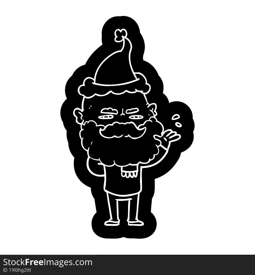 quirky cartoon icon of a dismissive man with beard frowning wearing santa hat