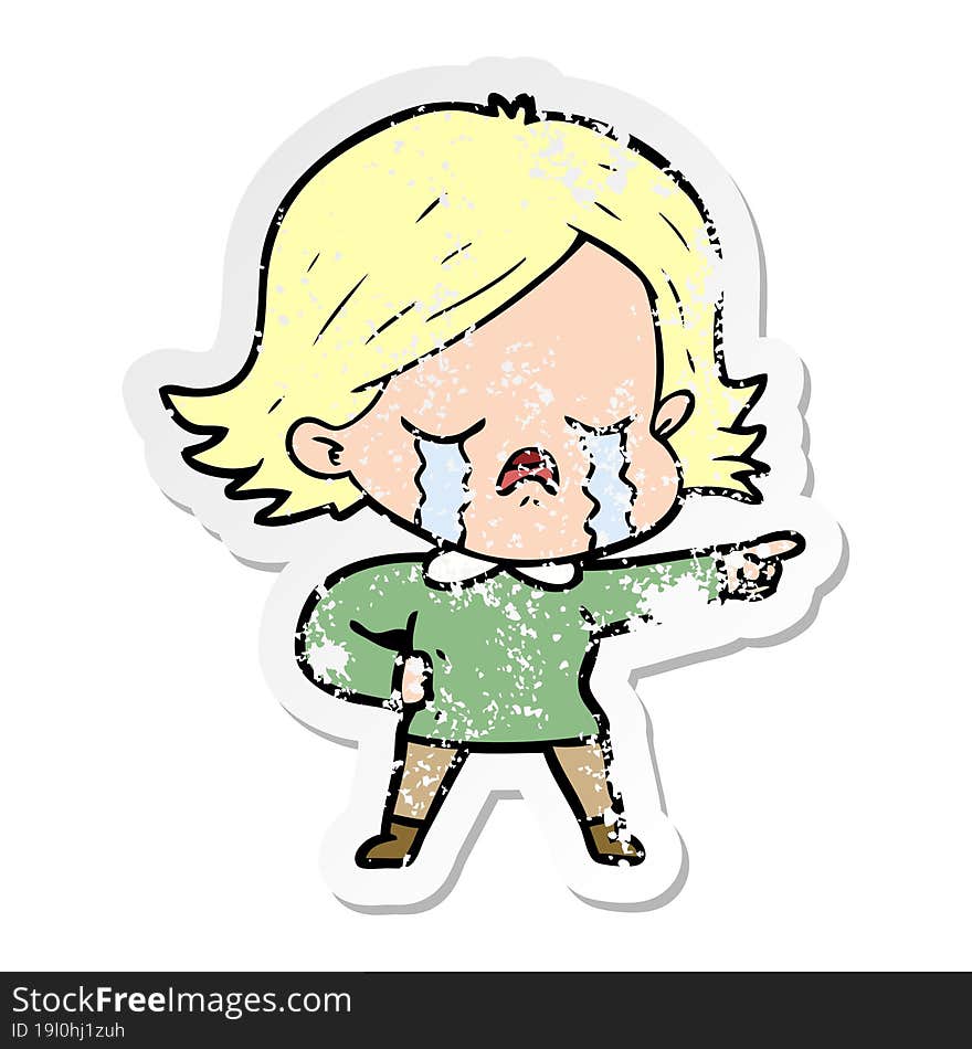 distressed sticker of a cartoon girl crying