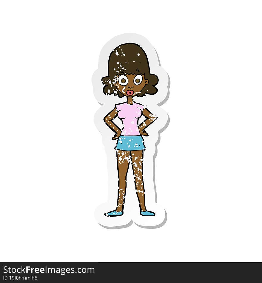 retro distressed sticker of a cartoon surprised woman