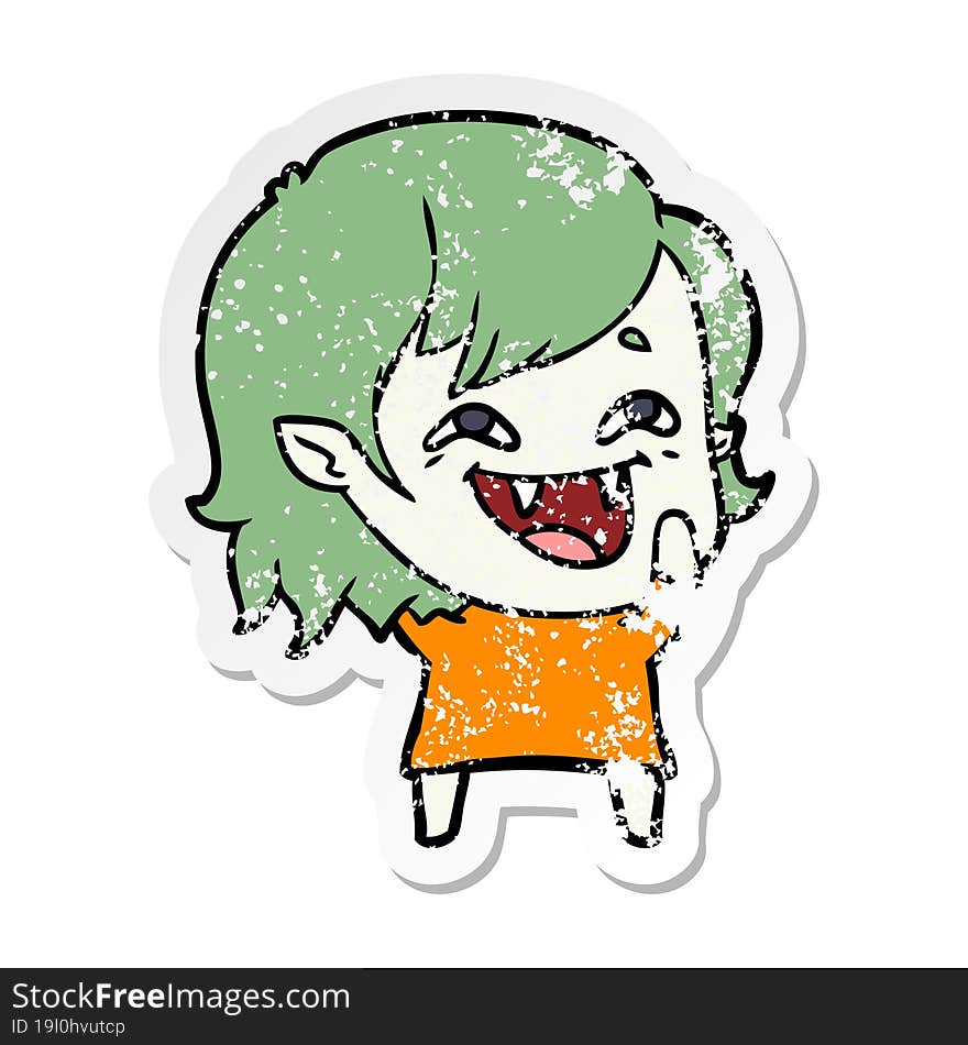 distressed sticker of a cartoon laughing vampire girl