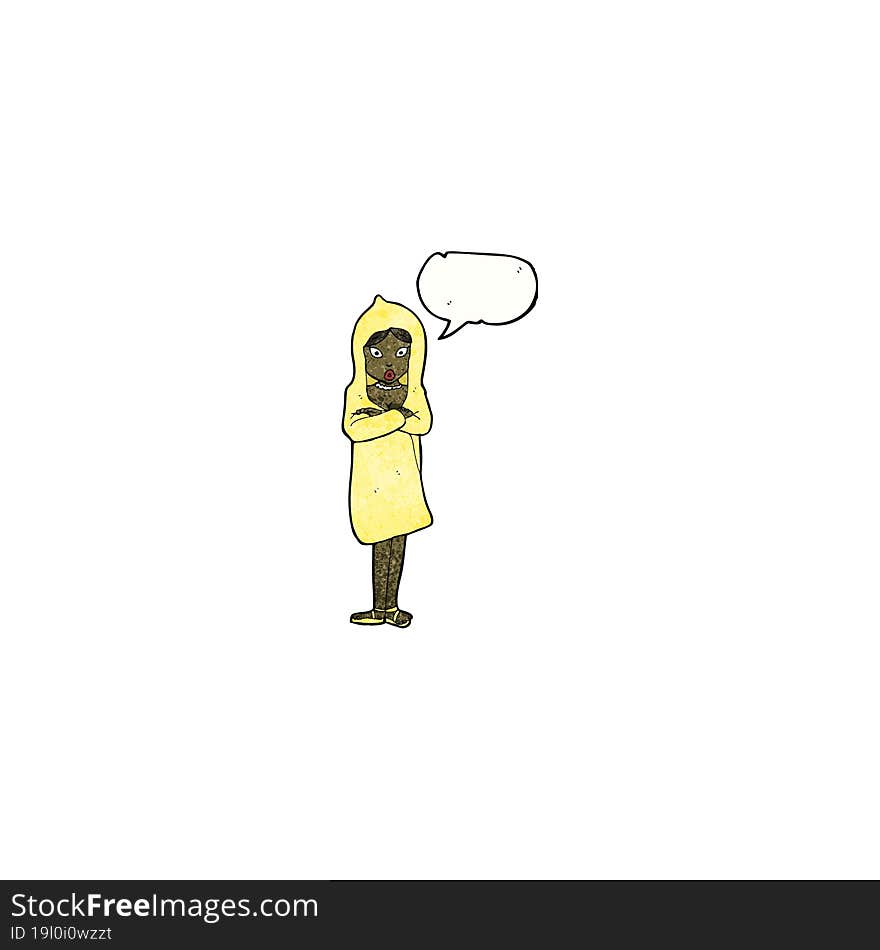 Cartoon Woman In Raincoat With Speech Bubble