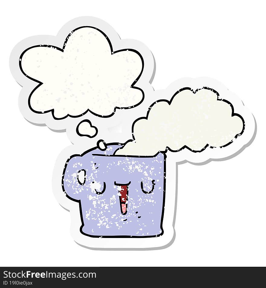 cartoon hot cup of coffee with thought bubble as a distressed worn sticker