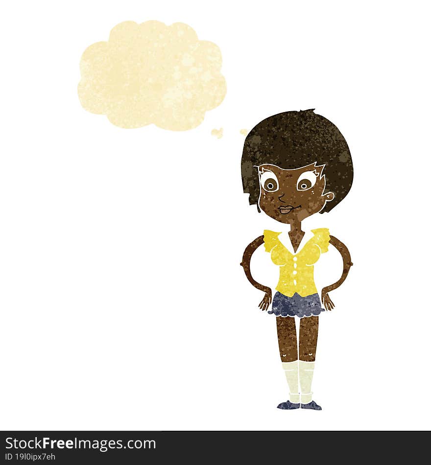 cartoon pretty woman with hands on hips with thought bubble