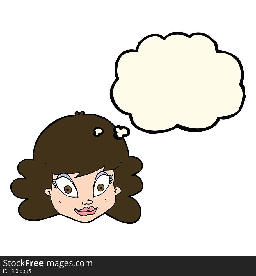 cartoon happy female face with thought bubble