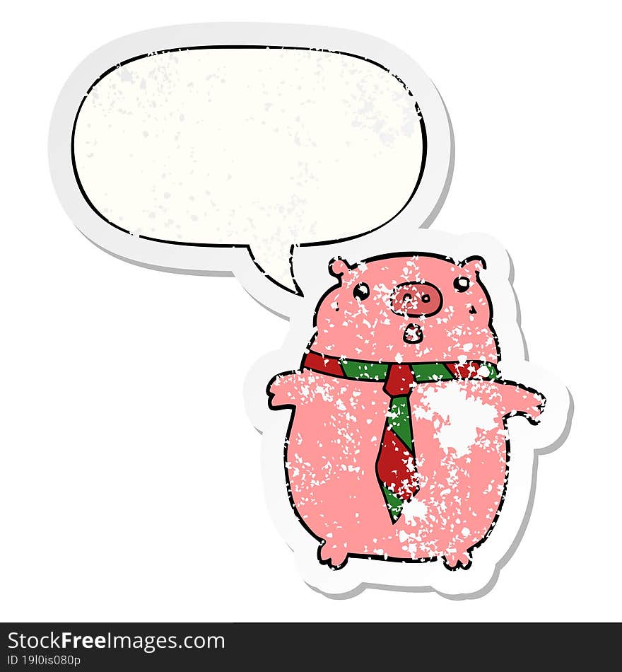 cartoon pig wearing office tie and speech bubble distressed sticker