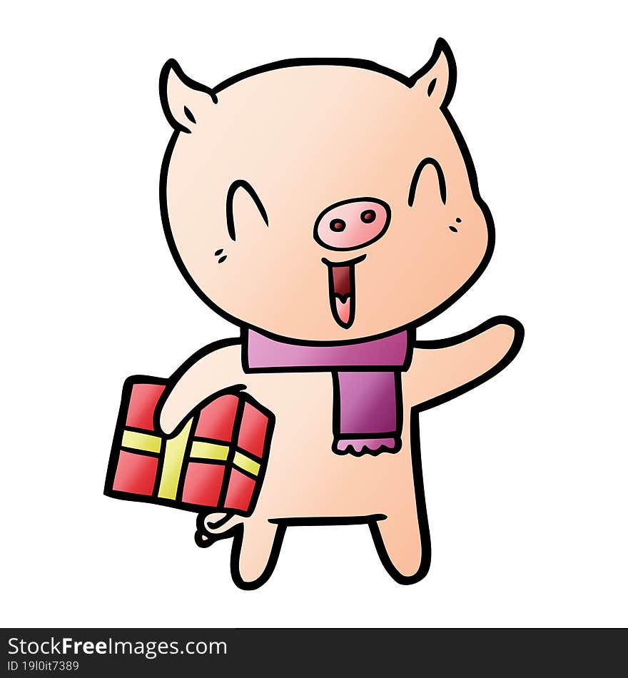 happy cartoon pig with xmas present. happy cartoon pig with xmas present