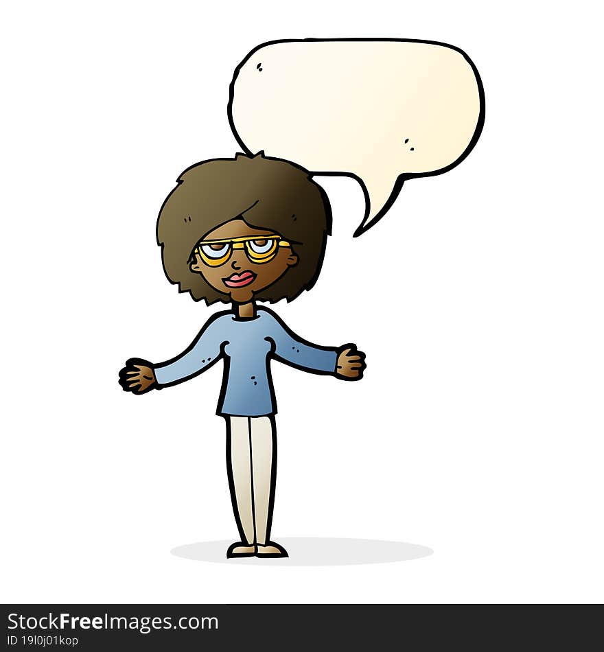 cartoon woman wearing spectacles with speech bubble