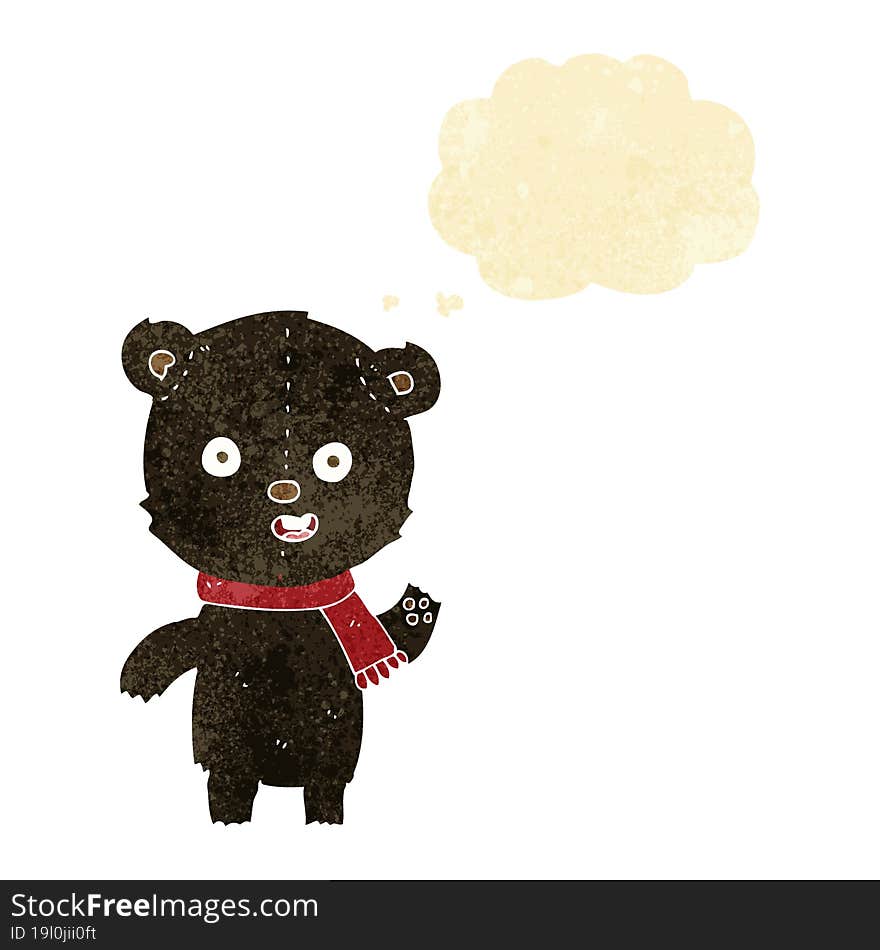 cartoon waving black bear cub with scarf with thought bubble