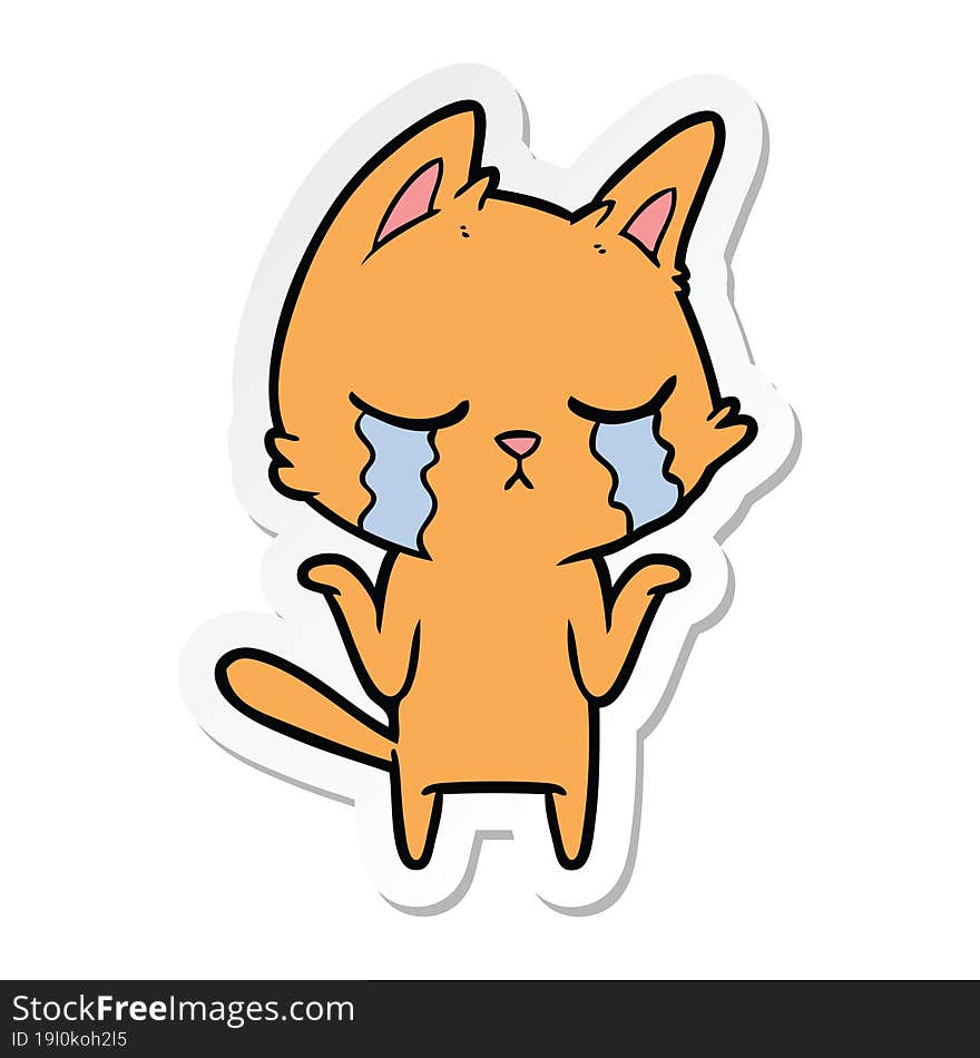 sticker of a crying cartoon cat shrugging