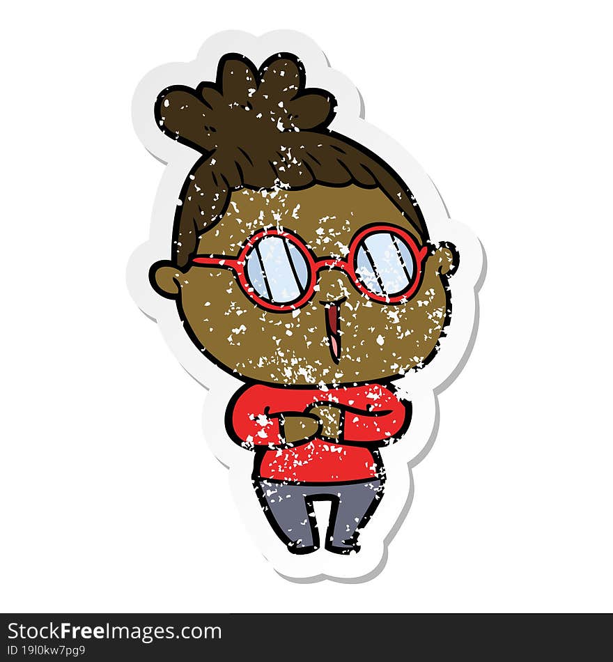 distressed sticker of a cartoon woman wearing spectacles