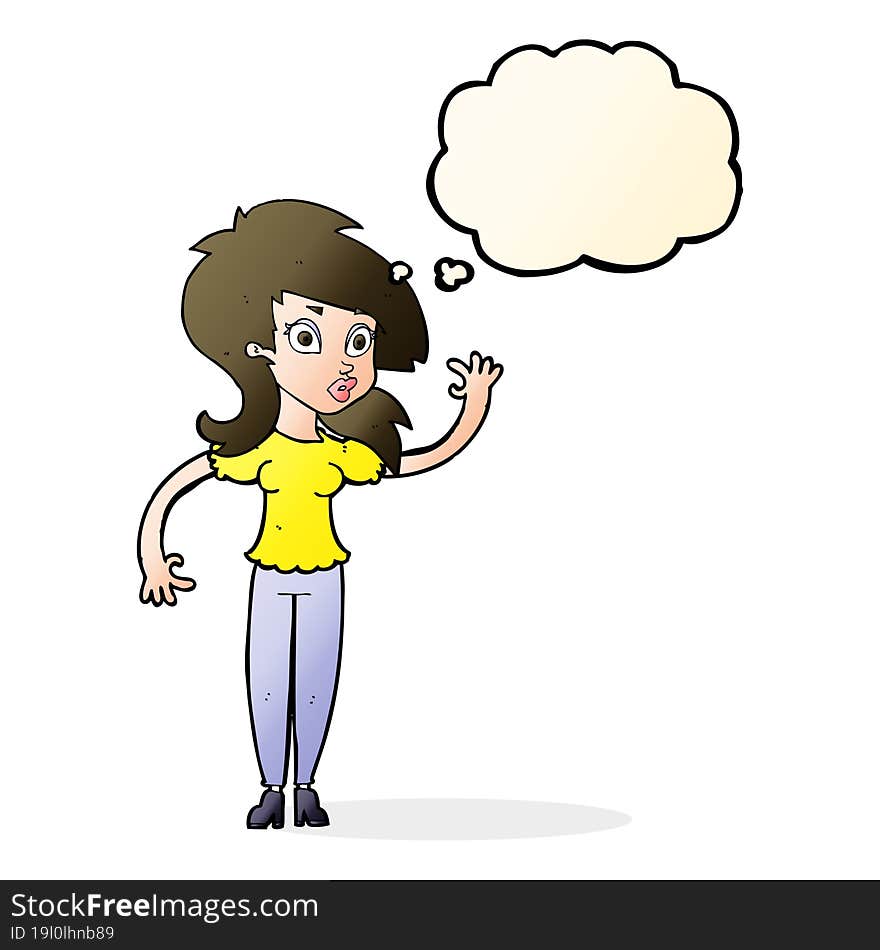 cartoon pretty woman waving with thought bubble