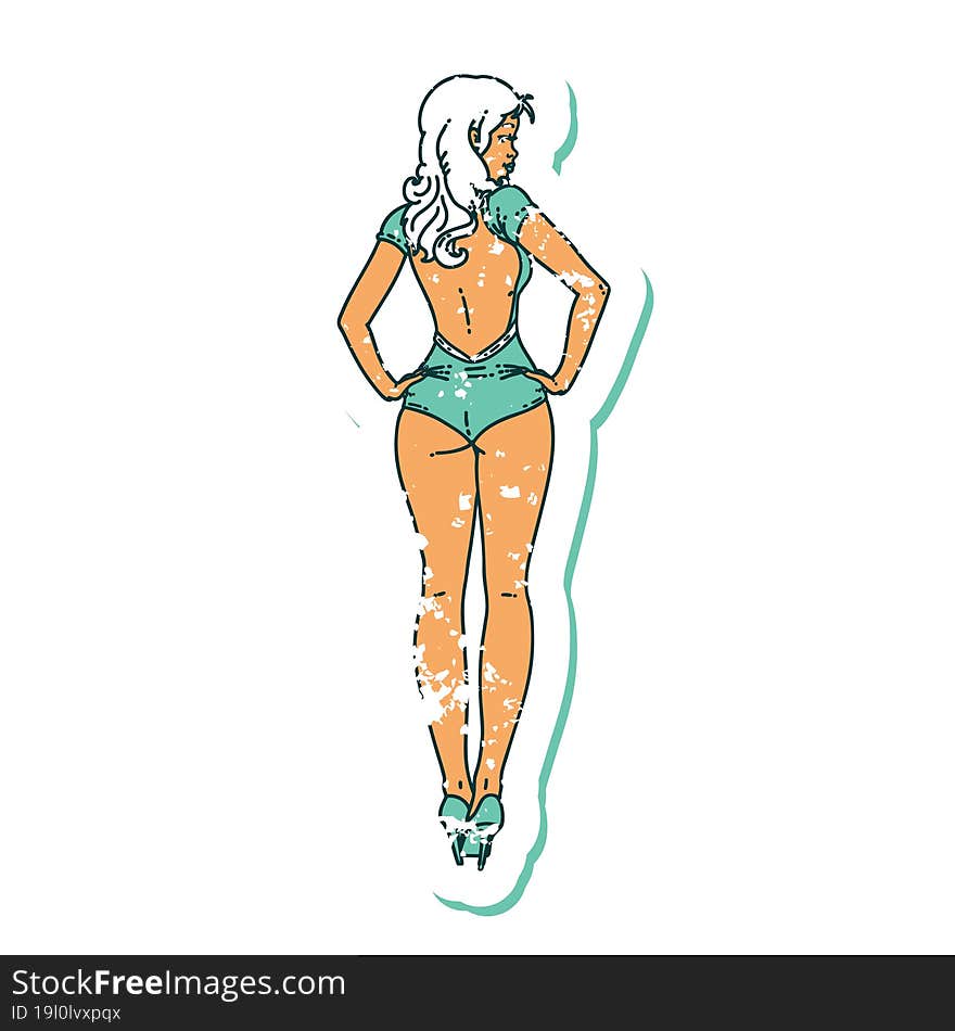 distressed sticker tattoo style icon of a pinup swimsuit girl