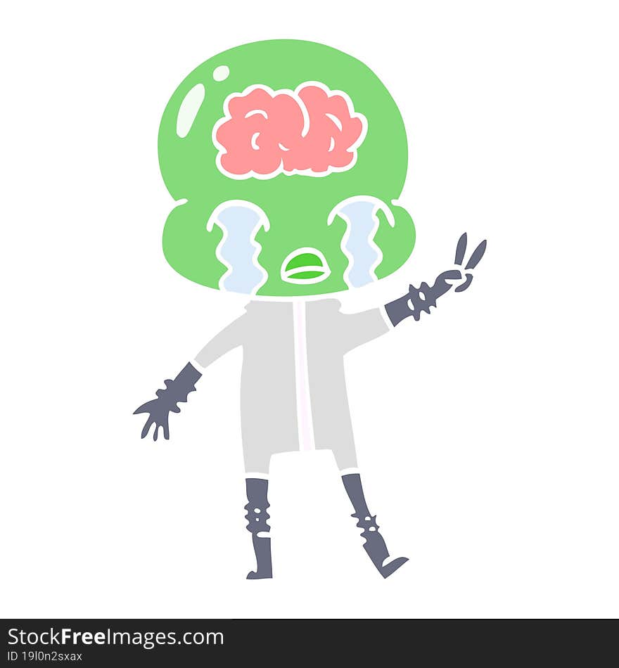 flat color style cartoon big brain alien crying and giving peace sign