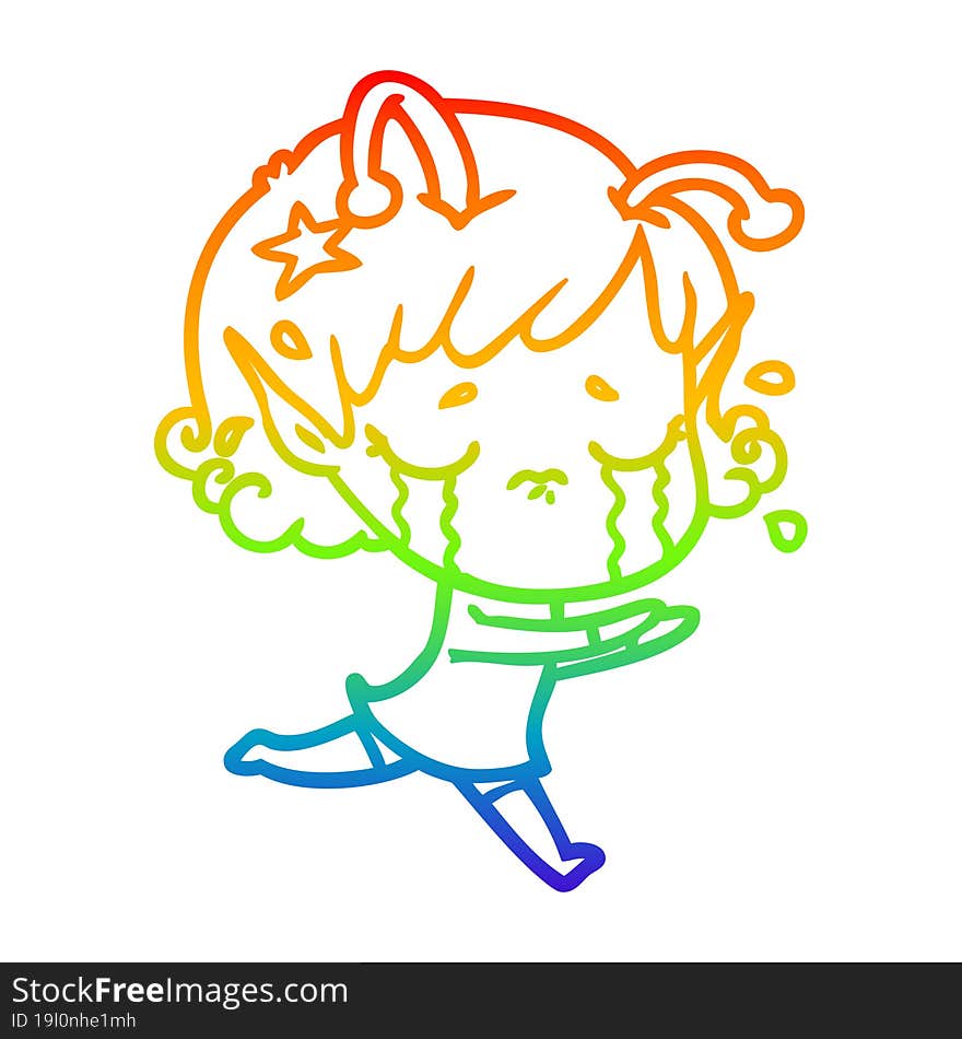 rainbow gradient line drawing cartoon crying alien girl