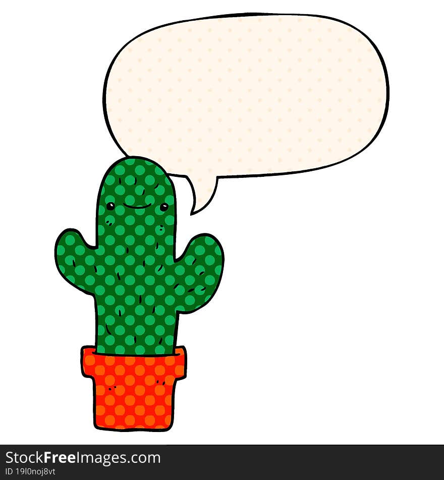 cartoon cactus and speech bubble in comic book style