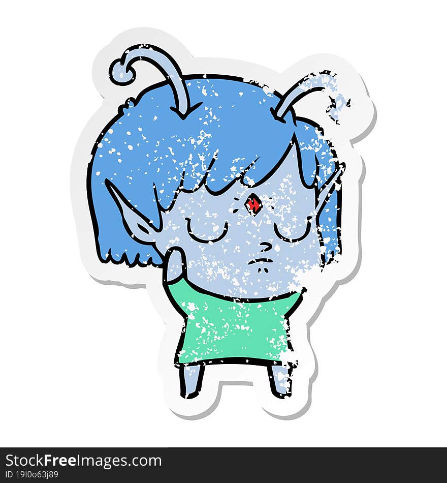 distressed sticker of a cartoon alien girl