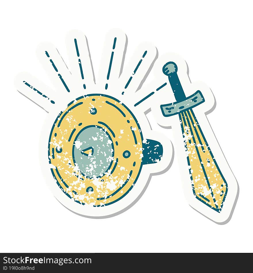 Grunge Sticker Of Tattoo Style Shield And Sword