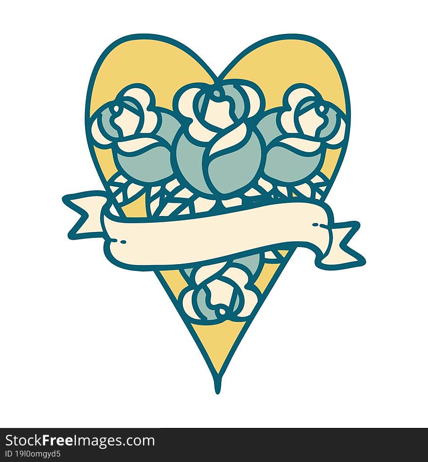 Tattoo Style Icon Of A Heart And Banner With Flowers