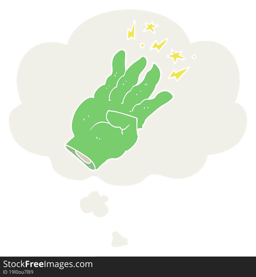 cartoon spooky magic hand and thought bubble in retro style