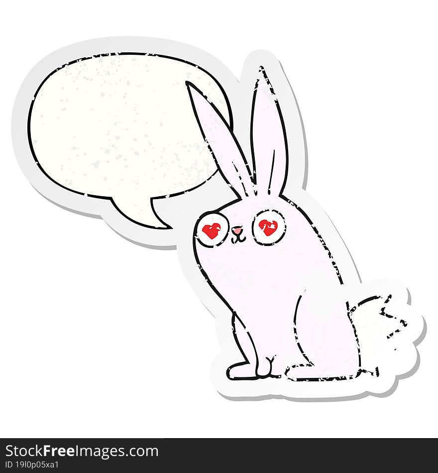 cartoon bunny rabbit in love with speech bubble distressed distressed old sticker. cartoon bunny rabbit in love with speech bubble distressed distressed old sticker