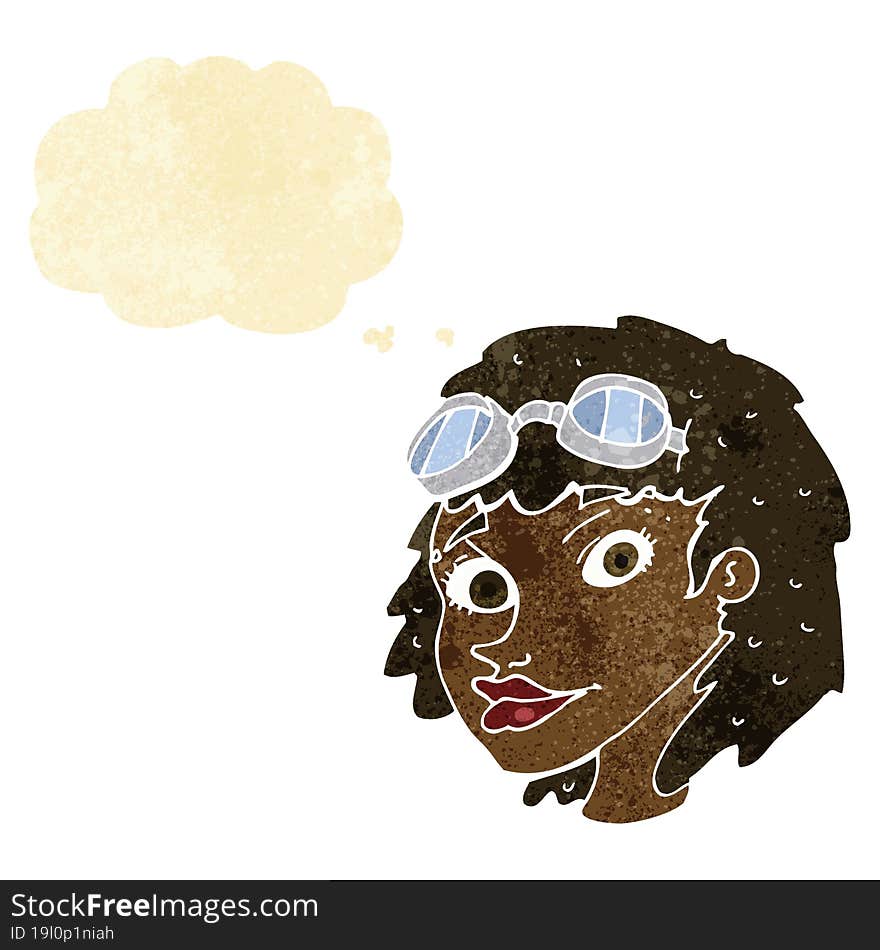 Cartoon Happy Woman Wearing Aviator Goggles With Thought Bubble