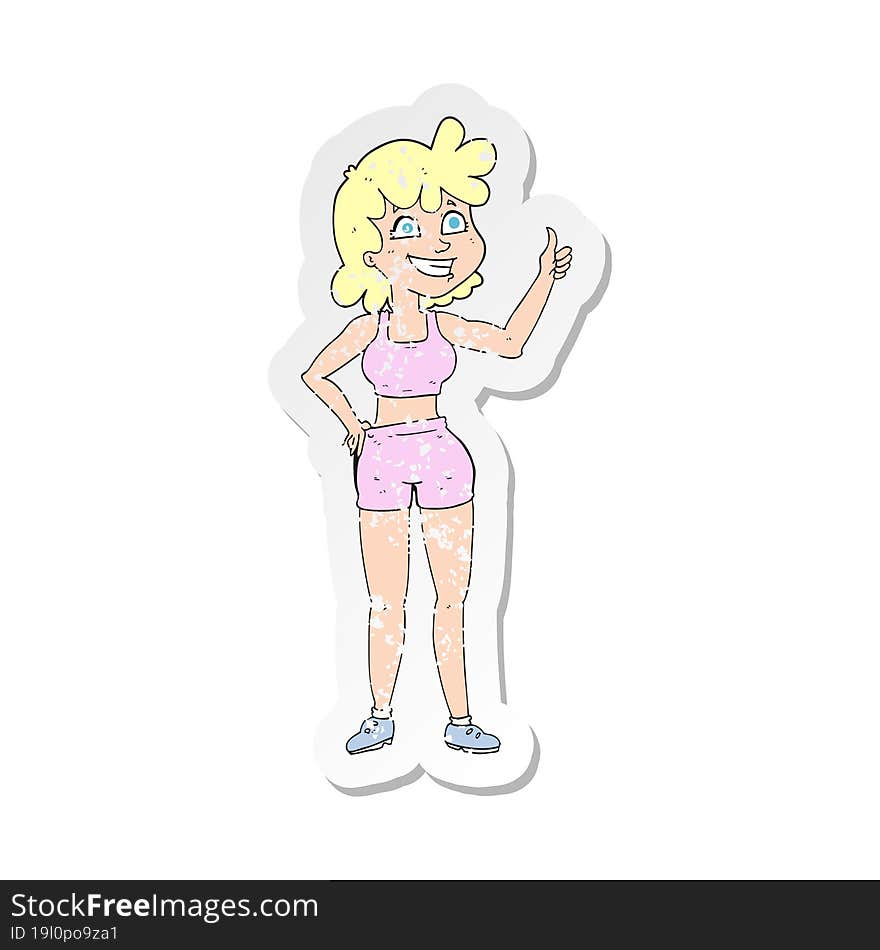 Retro Distressed Sticker Of A Happy Gym Woman Giving Thumbs Up Symbol