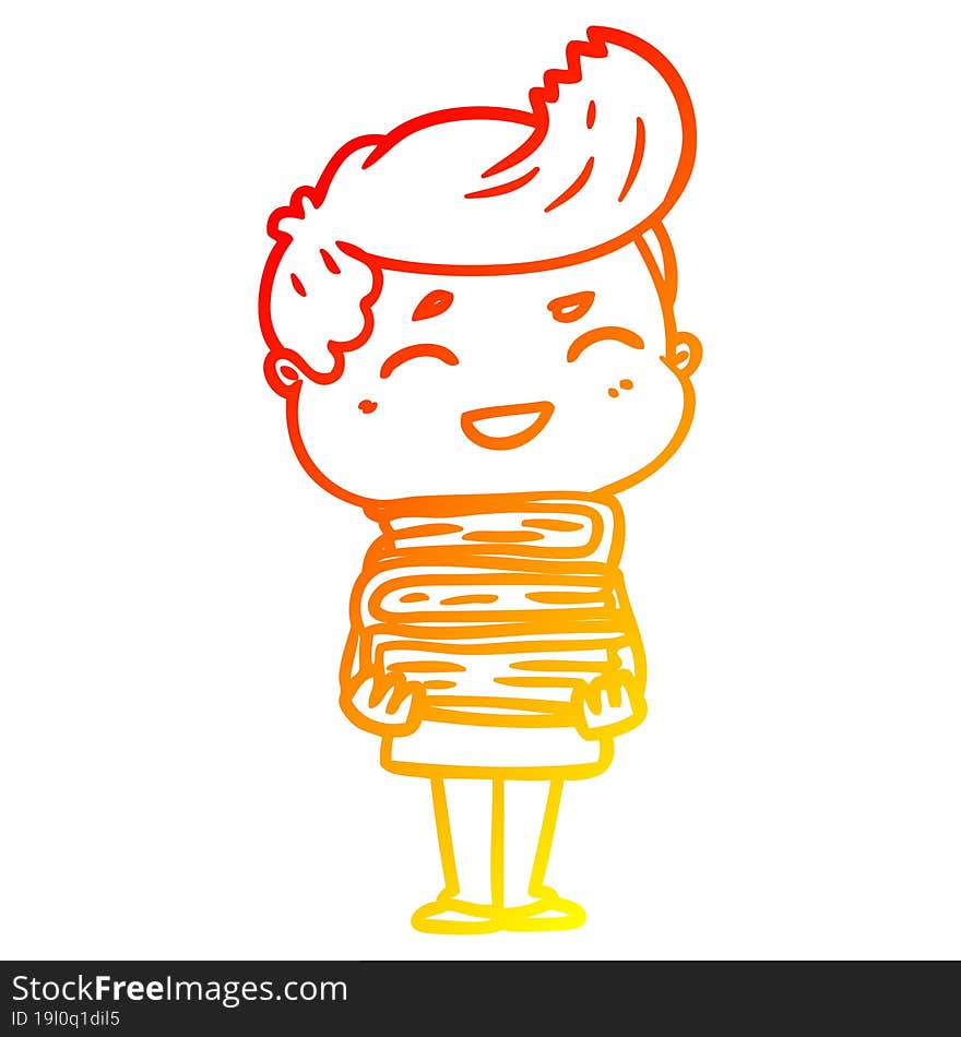 warm gradient line drawing of a cartoon man laughing holding books