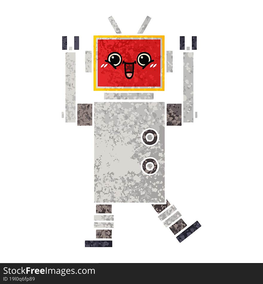 retro illustration style cartoon happy robot