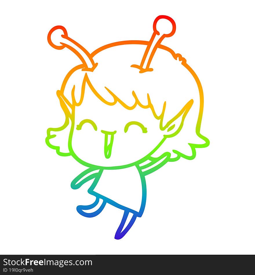 rainbow gradient line drawing of a cartoon alien girl laughing