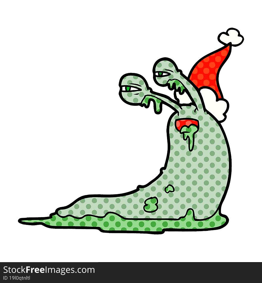 gross comic book style illustration of a slug wearing santa hat