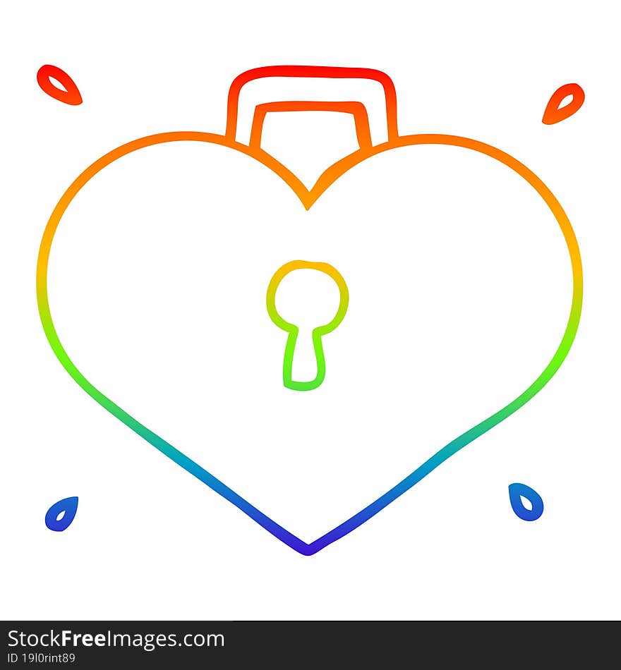 rainbow gradient line drawing of a cartoon love heart with lock