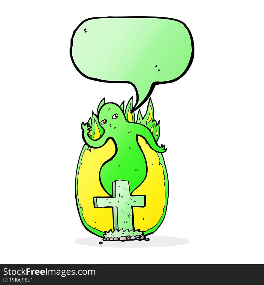 cartoon ghost rising from grave with speech bubble