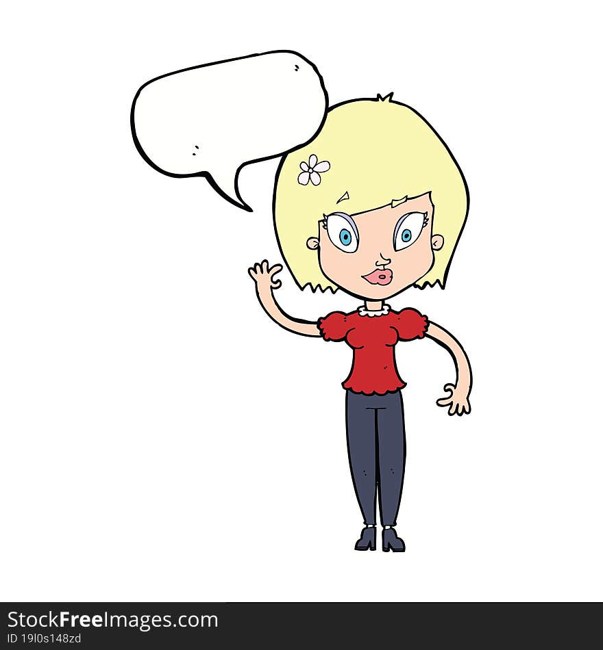 cartoon pretty woman waving with speech bubble