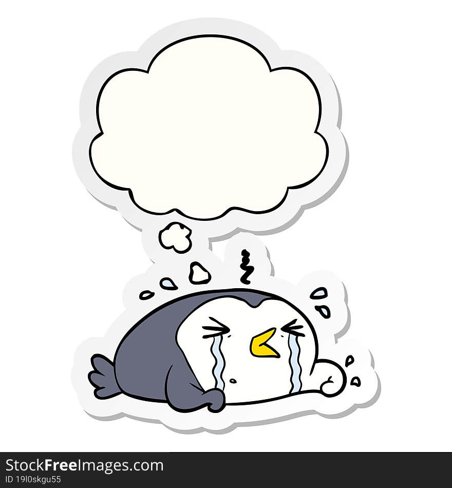 cartoon crying penguin and thought bubble as a printed sticker