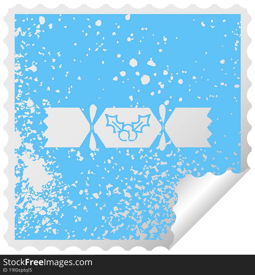 distressed square peeling sticker symbol of a christmas cracker