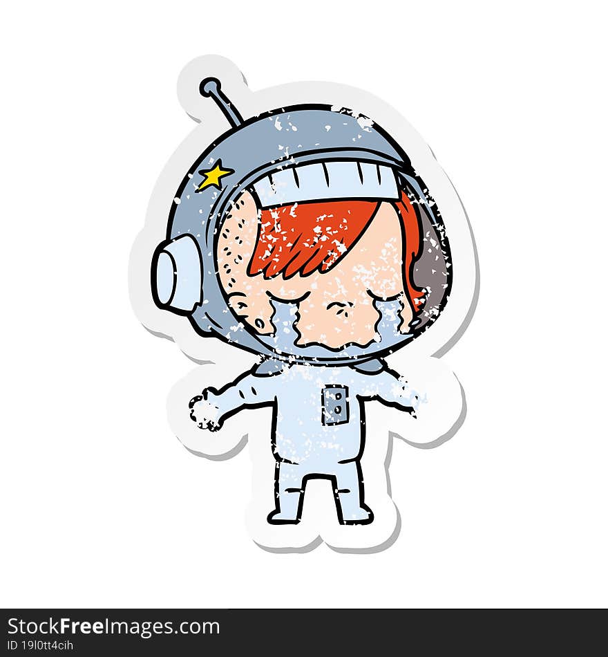 distressed sticker of a cartoon crying astronaut girl