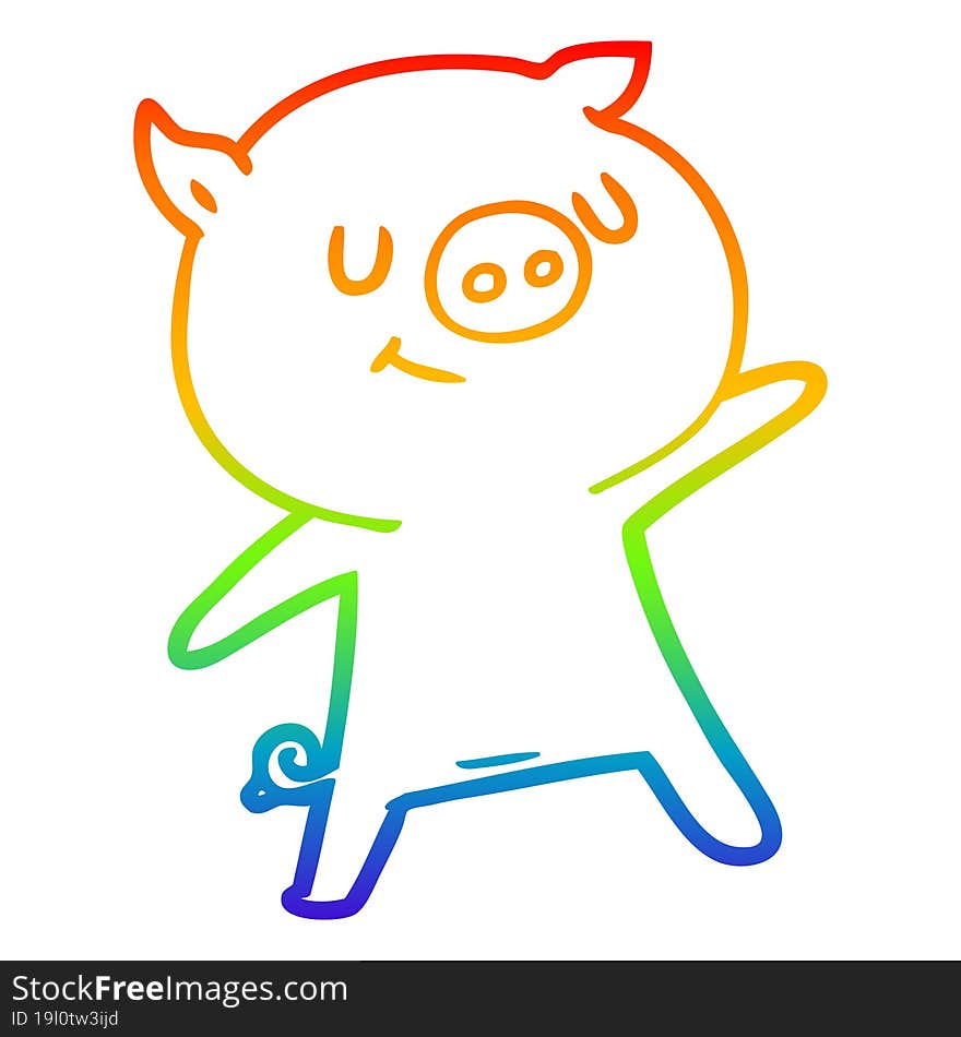 rainbow gradient line drawing of a happy cartoon pig waving