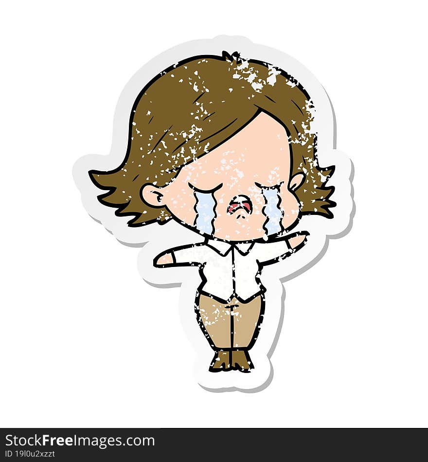 distressed sticker of a cartoon girl crying