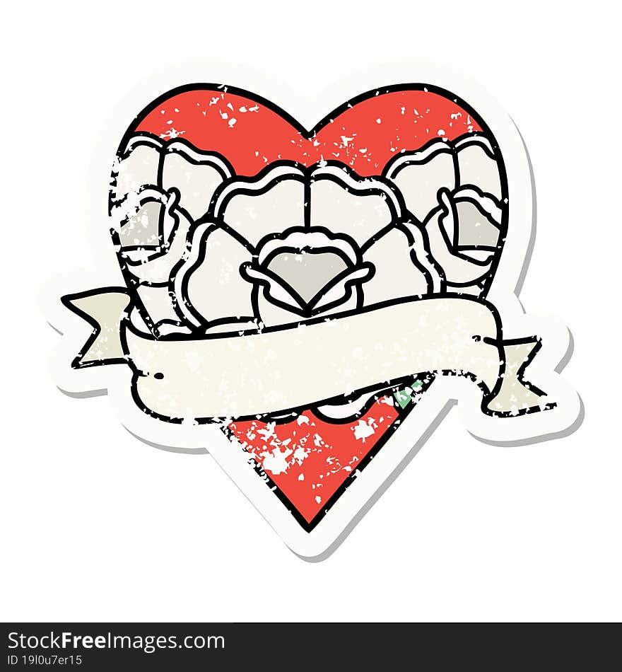 traditional distressed sticker tattoo of a heart and banner with flowers