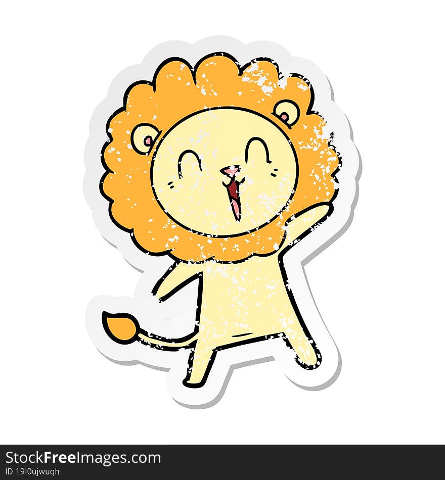 distressed sticker of a laughing lion cartoon