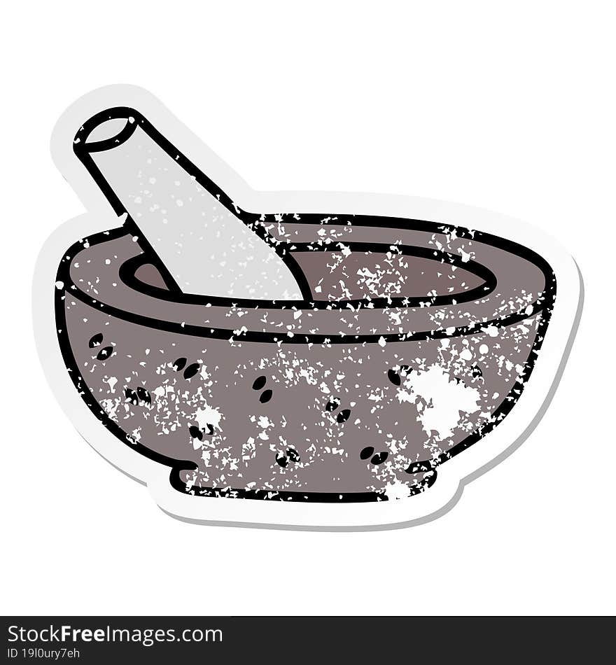 distressed sticker of a quirky hand drawn cartoon pestle and mortar