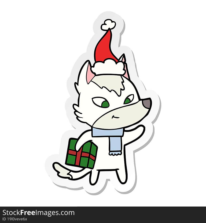 friendly sticker cartoon of a christmas wolf wearing santa hat