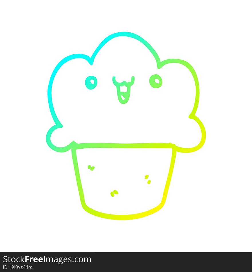 cold gradient line drawing of a cartoon cupcake with face