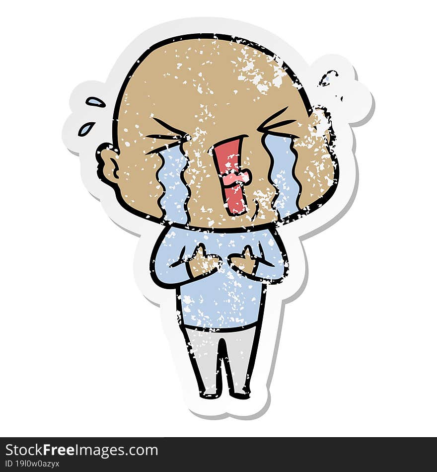 Distressed Sticker Of A Cartoon Crying Bald Man